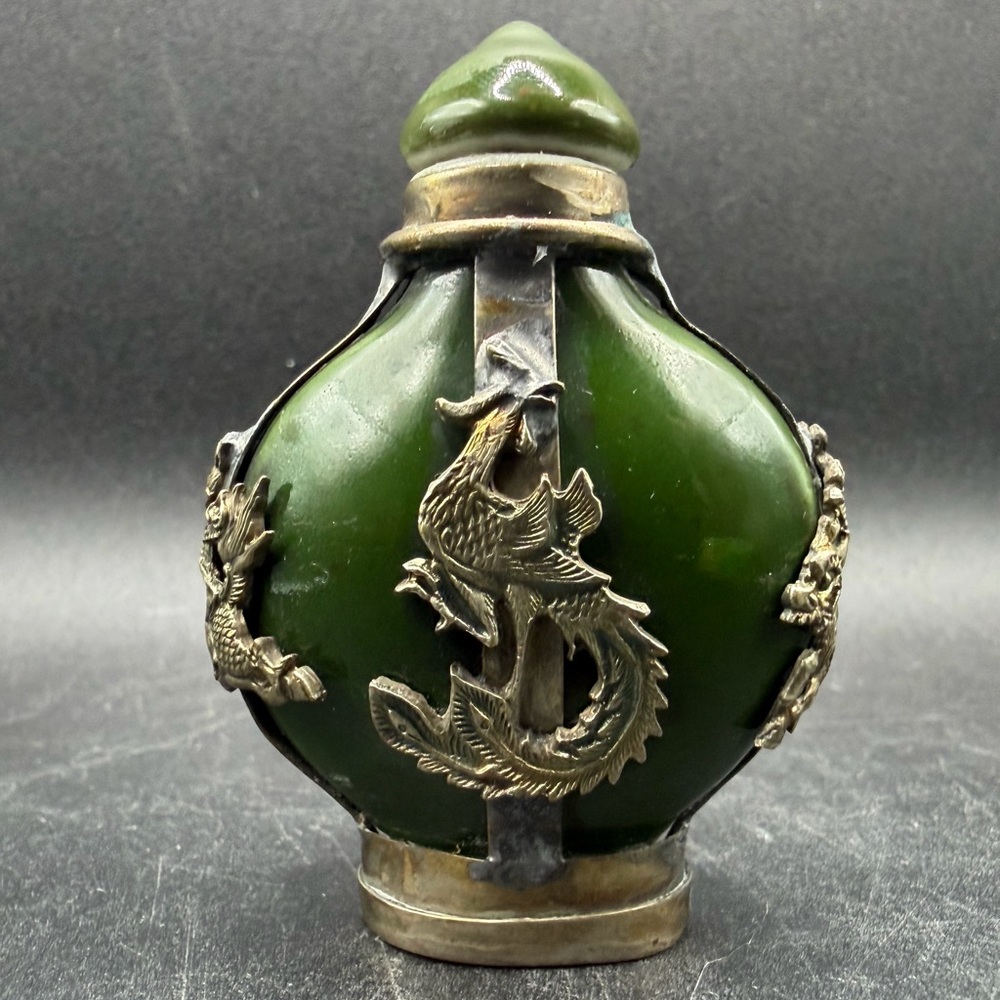 Signed Vintage Green Glazed Ceramic Fu Dog Dragon Fenghuang Phoenix Snuff Bottle